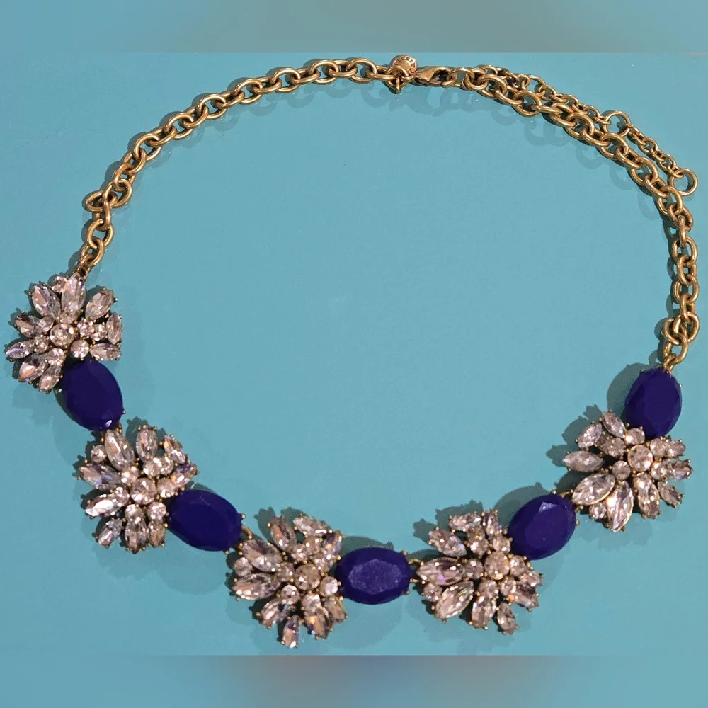 ​J.‎ Crew Cobalt Blue & Sparkling Crystal Floral Statement Necklace NWOT